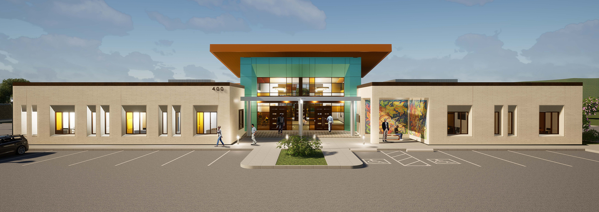 rendering of new city hall building. It is a one story building that is tan, with a roof that is teal, and red-orange