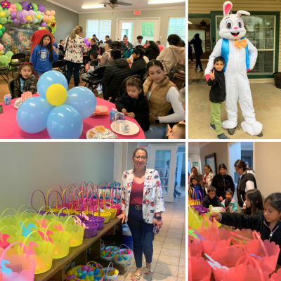 Photo collage from Easter Egg Hunt. Easter Bunny, children, and volunteers having fun.