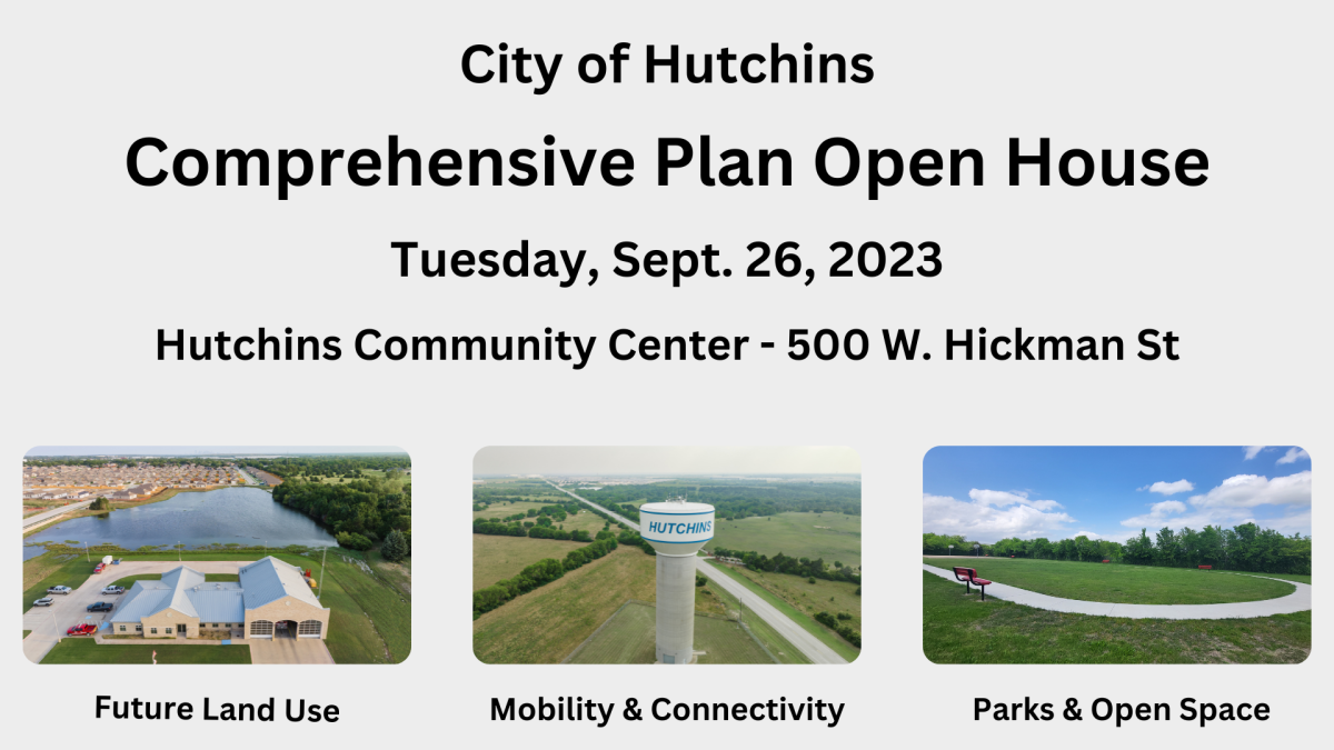 Text showing the meeting time and location. The bottom has pictures of the water tower, aerial view of Fire Station 2 with houses being built behind it, and a picture of a park with text below saying future land use, mobility and connectivity, and parks and open space.
