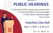 Cartoon image of a person speaking at a podium. Beside it is text that says, "Notice of Public Hearing. 2023-2024 HEDC Proposed Budget, 2023-2024 Proposed Budget, Tax Increase. Hutchins City Hall September 5, 2023 at 6:30pm 321 N Main St, Hutchins, TX 75141