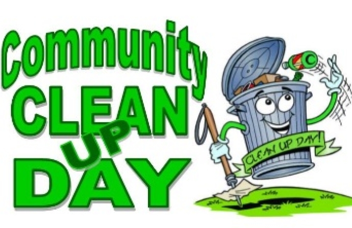 Community cleanup day graphic with a trash can filling itself with garbage